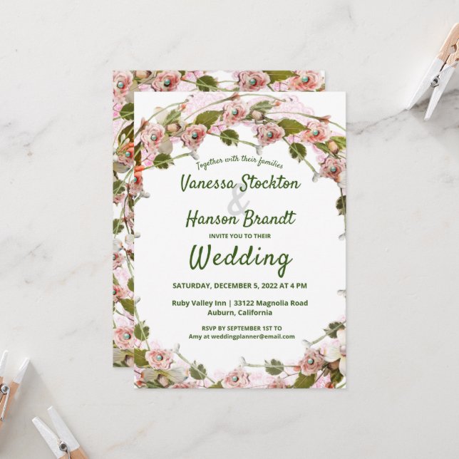 Vintage Floral Wreath Wedation Convite (Frente/Verso In Situ)