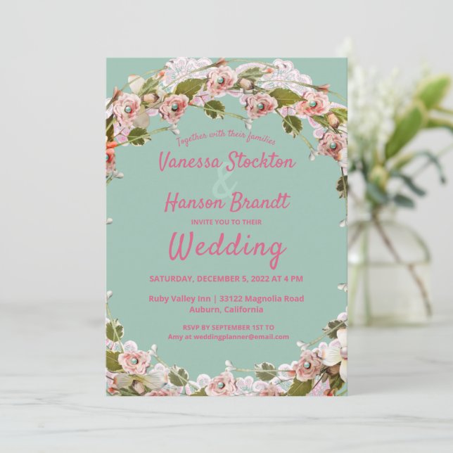 Vintage Floral Wreath Wedation Convite (Em pé/Frente)