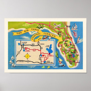 Vintage Florida Attrations Map Impressão