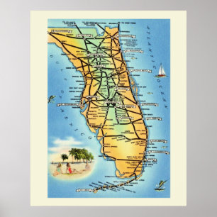 Vintage Florida Road Map Poster Impressão