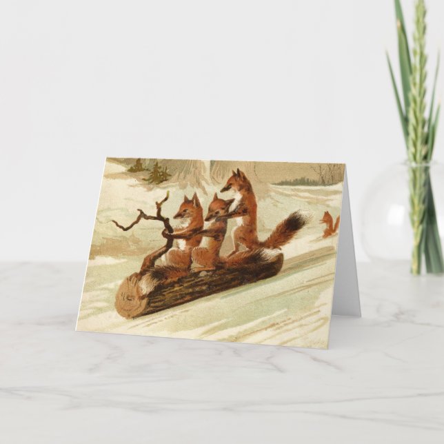 Vintage Foxes Sleding Cartão de Natal (Frente)