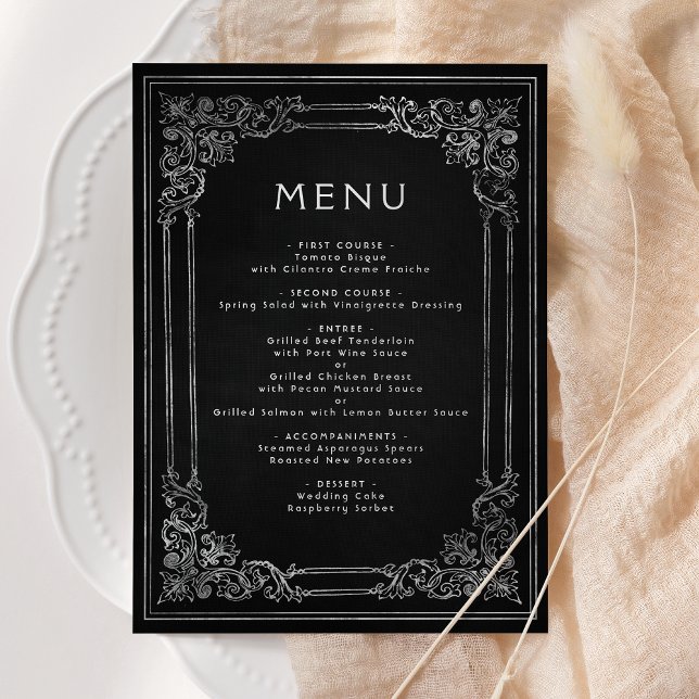 Vintage Frame Black Silver Wedding Menu (Criador carregado)