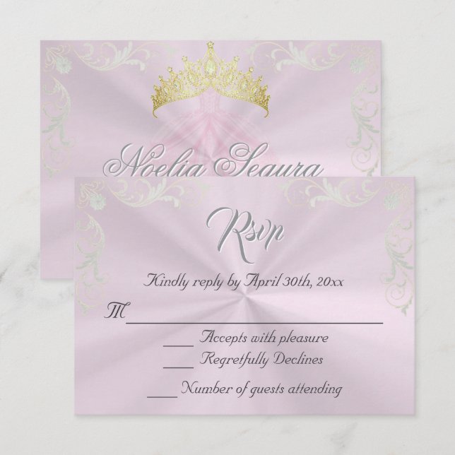 Vintage Frame Quinceanera RSVP - Pink/Silver (Frente/Verso)