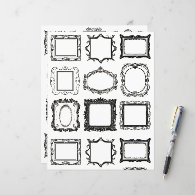 Vintage Frames Line Art Collage Scrapbook Paper (Frente/Verso In Situ)