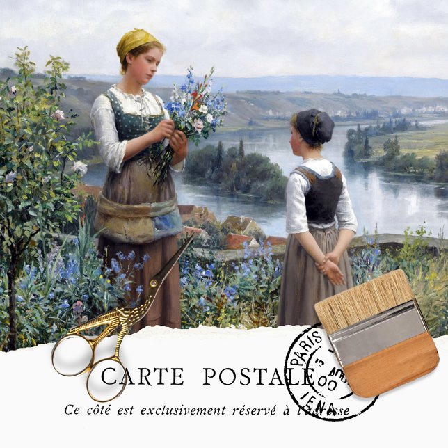 Vintage, Francesas, Escolhendo Flores Papel Tecido (Criador carregado)