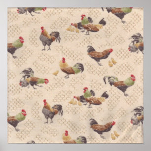 Vintage French Country Roosters Hens Art Impressão