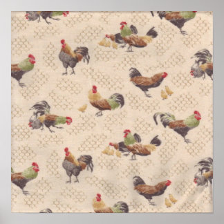 Vintage French Country Roosters Hens Art Impressão