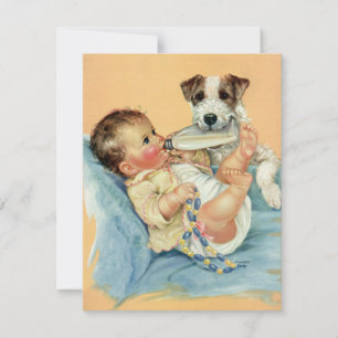 Vintage Gato de Bebê com Garrafa e Cachorro