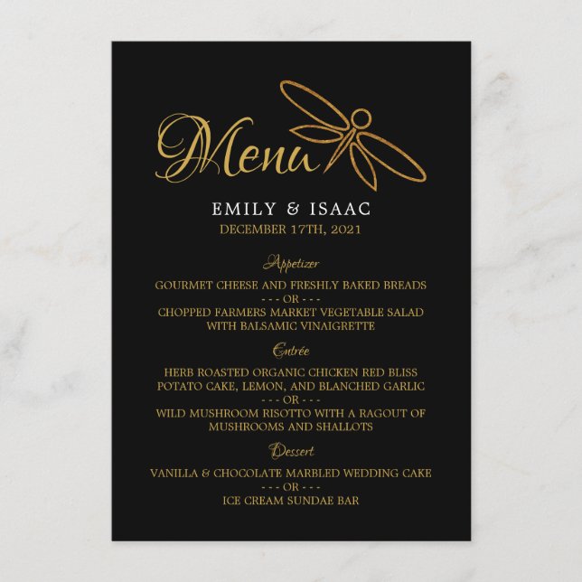 Vintage Gold Foil Dragonfly Menu Casamento (Frente)