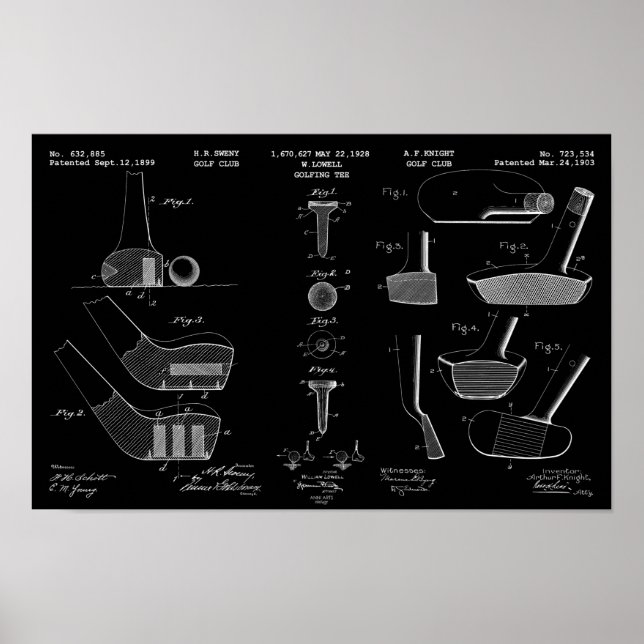 Vintage Golf Patente Poster 2 Branco em Preto (Frente)