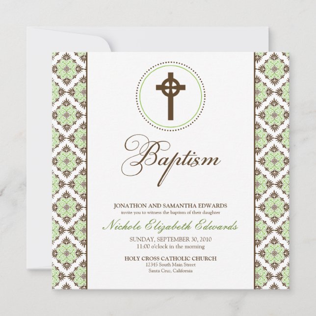 Vintage Grace Baptism Convite (chocolate/verde) (Frente)