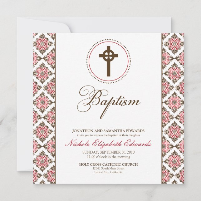 Vintage Grace Baptism Convite (chocolate/vermelho) (Frente)