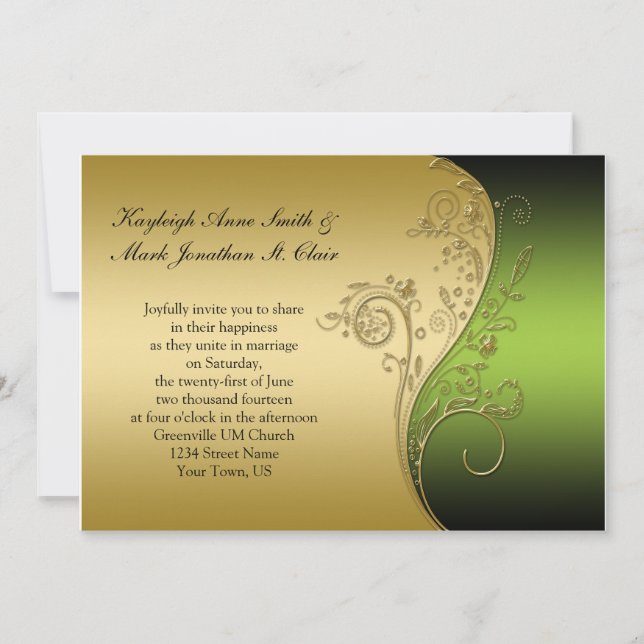 Vintage Green Black e Dourado convite para casamen (Frente)