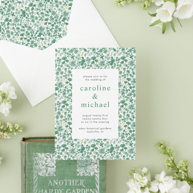 Vintage Green Ditzy Convite Floral Para Casamento (Green ditsy floral garden wedding invitation.)