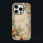 Vintage Grunge Artisan Monograma Botânico<br><div class="desc">Escarlate artístico,  flores azuis brancas e poeirentas,  com sage e folhagem castanha,  em pergaminho artístico em apuros,  com campo de texto opcional para seu nome ou monograma.</div>