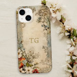 Vintage Grunge Artisan Monograma Botânico<br><div class="desc">Escarlate artístico,  flores azuis brancas e poeirentas,  com sage e folhagem castanha,  em pergaminho artístico em apuros,  com campo de texto opcional para seu nome ou monograma.</div>