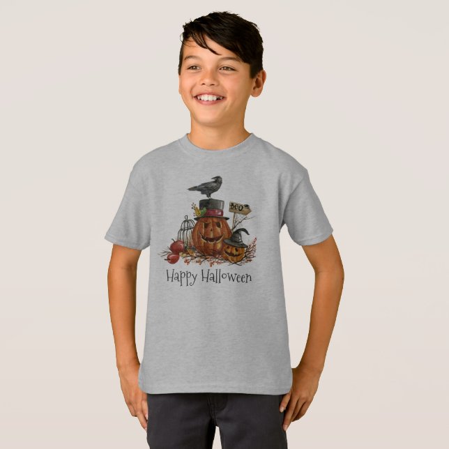 Vintage Halloween Black Bird & Pumpkins | Camiseta (Frente Completa)