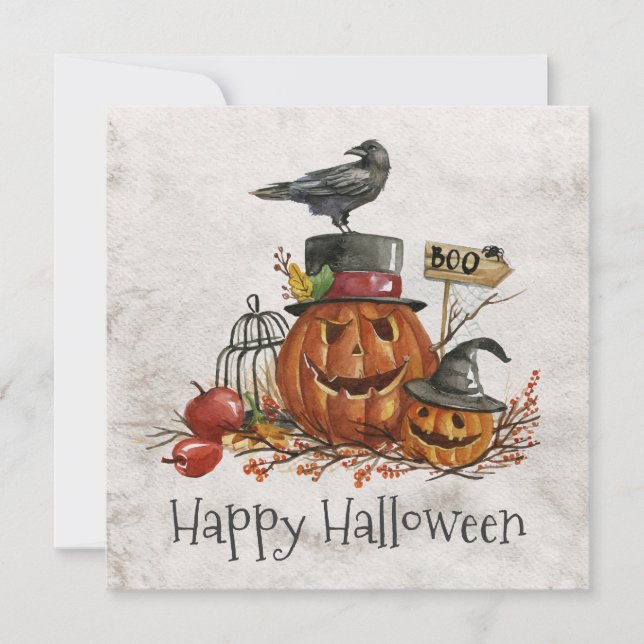 Vintage Halloween Black Bird & Pumpkins Convite (Frente)
