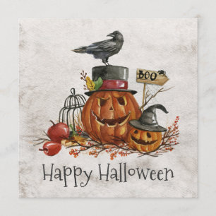 Vintage Halloween Black Bird & Pumpkins Convite