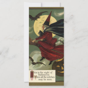 Vintage Halloween Bruxa Andando Broomstick com Cat