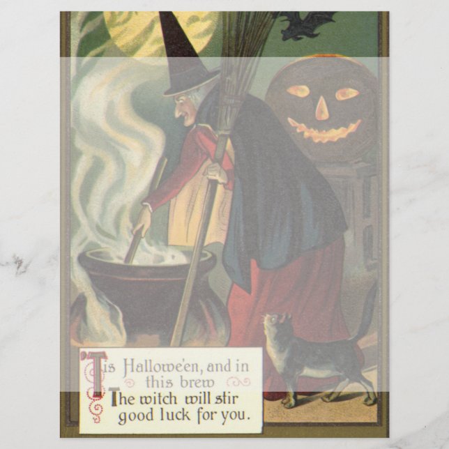 Vintage Halloween Bruxa Stirring Magic Cauldron (Frente)