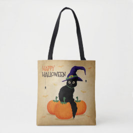Vintage Halloween Cat e Pumpkins | Bolsa Tote