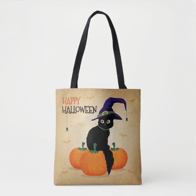 Vintage Halloween Cat e Pumpkins | Bolsa Tote (Frente)