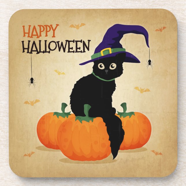 Vintage Halloween Cat e Pumpkins | Porta copo (Frente)