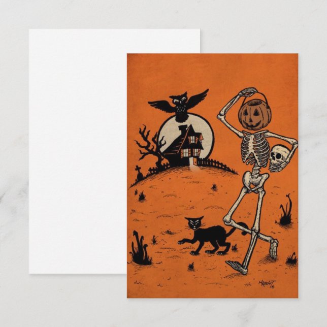 Vintage Halloween Feliz Pumpkin Andando Com Gato (Frente/Verso)