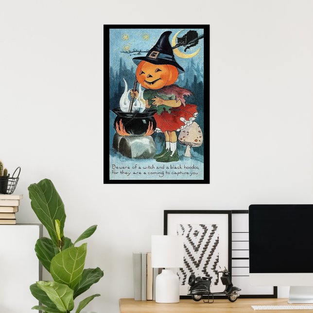 Vintage Halloween Pumpkin Witch Poster (Escritório em casa)