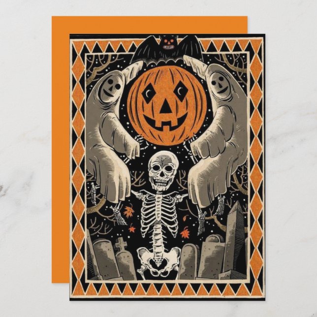 Vintage Halloween Skeleton Ghosts E Pumpkins (Frente/Verso)