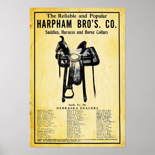 Vintage Harpham Brothers Horse Saddle Ad Impressão (Frente)