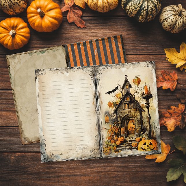 Vintage Haunted House Halloween - Página de Diário (Vintage Halloween junk journal page featuring a haunted mansion)