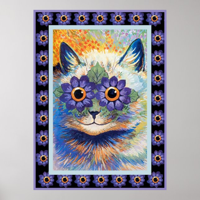 Vintage Hippy Flower Cat Impressão Poster (Frente)