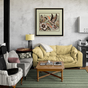 Vintage Hummingbird & Blooms Art Impressão