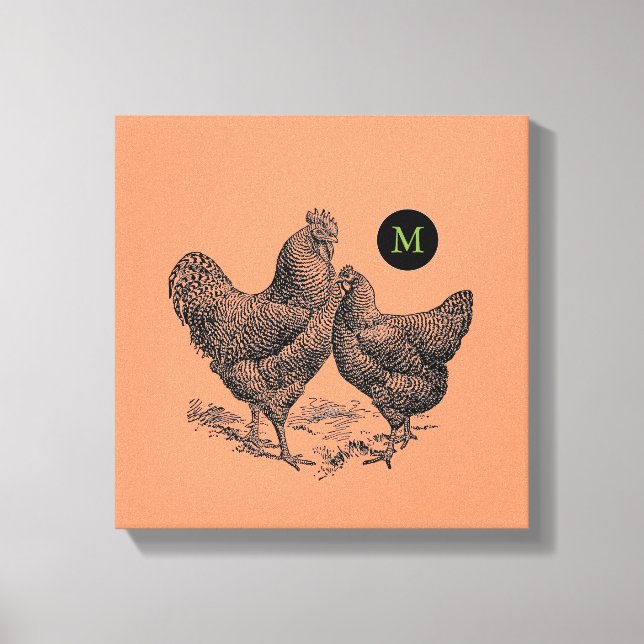 VINTAGE Illustration Rooster Hen Monograma Canvas (Frente)