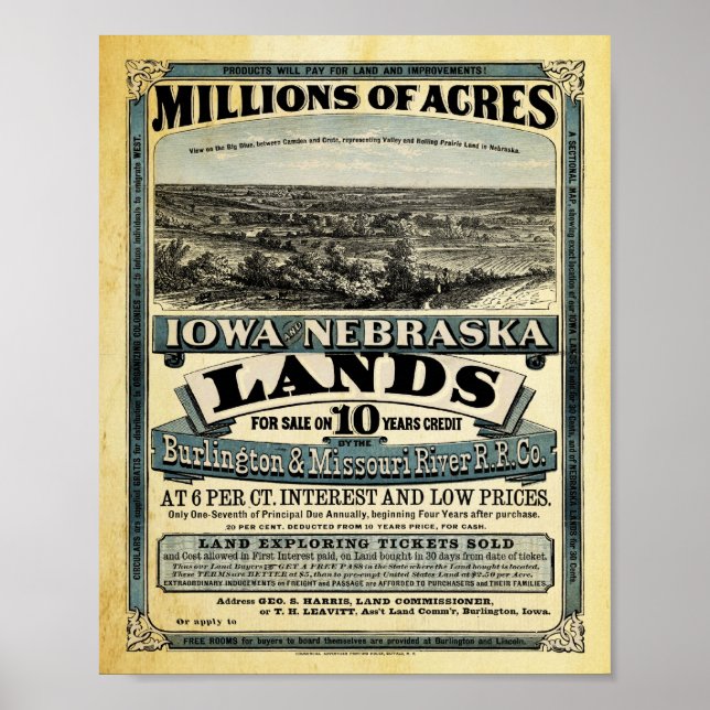 Vintage Iowa e Nebraska Land Sale Impressão (Frente)
