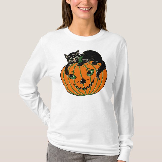 Vintage Jack O'Lantern e camisa do gato preto (Frente)