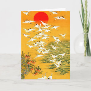 Vintage japonês Cranes no cartão postal Sunset