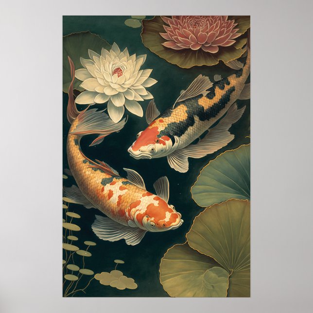 Vintage Japonês koi Fish Pond Art Poster (Frente)