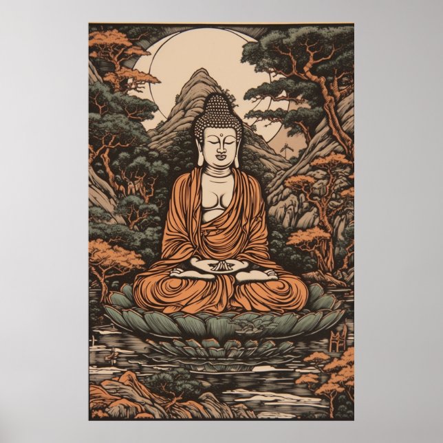 Vintage Japonês Linocut Impressão Meditando Buda (Frente)