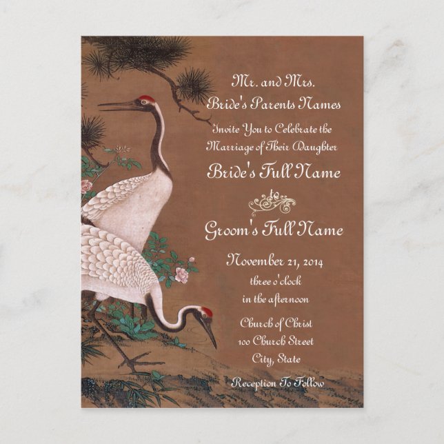 Vintage Japoneses Cranes Convites De Casamento (Frente)