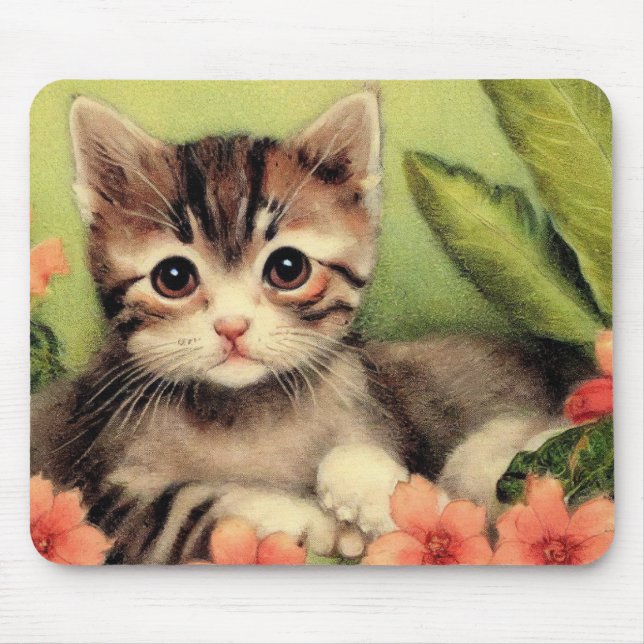 Vintage Kitten Em Flowers Mousepad (Frente)