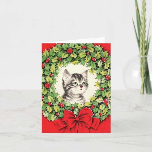 Vintage Kitten no Cartão de Natal Wreath (Frente)