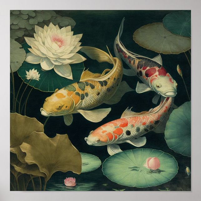Vintage Koi Fish Pond Art Impressão (Frente)