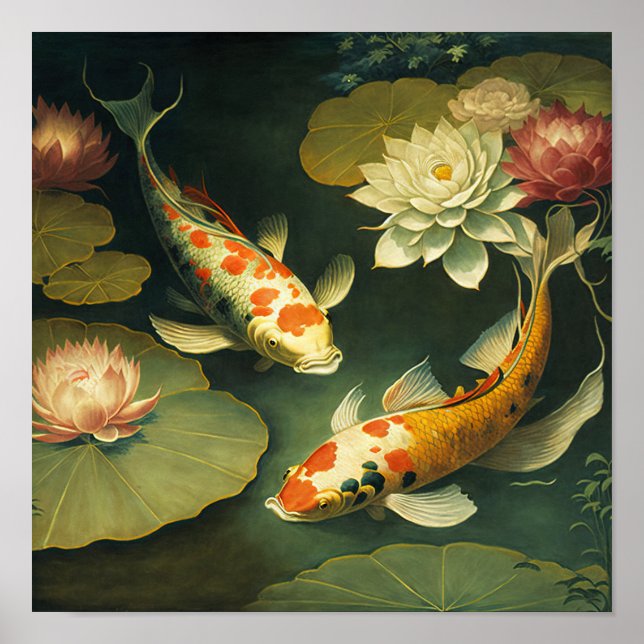 Vintage Koi Fish Pond Art Impressão (Frente)