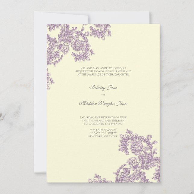 Vintage Lace | beringela | Convite Para Casamento (Frente)