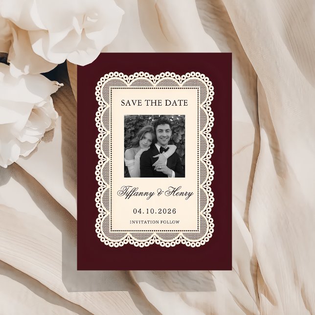 Vintage  Lace Burgundy Save the Date (Criador carregado)