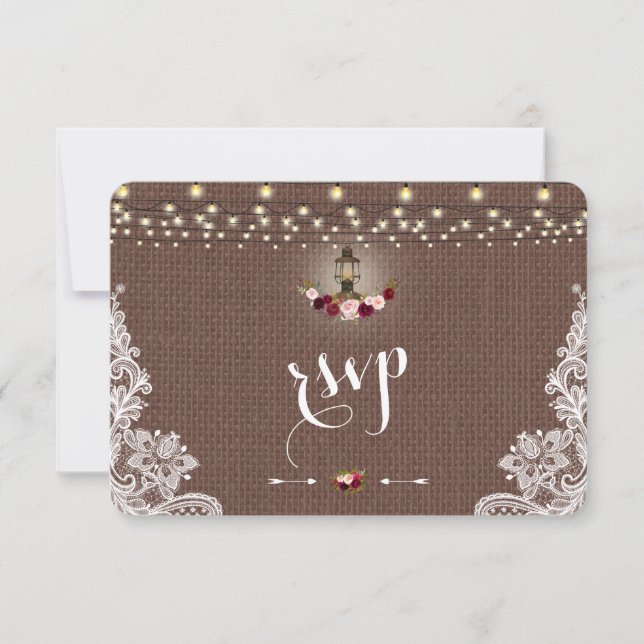 Vintage Lace Burlap String Lights Weding RSVP (Frente)