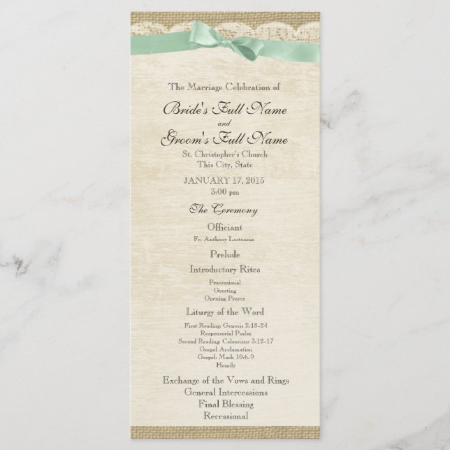 Vintage Lace e Mint Green - Programa de Casamento  (Frente)